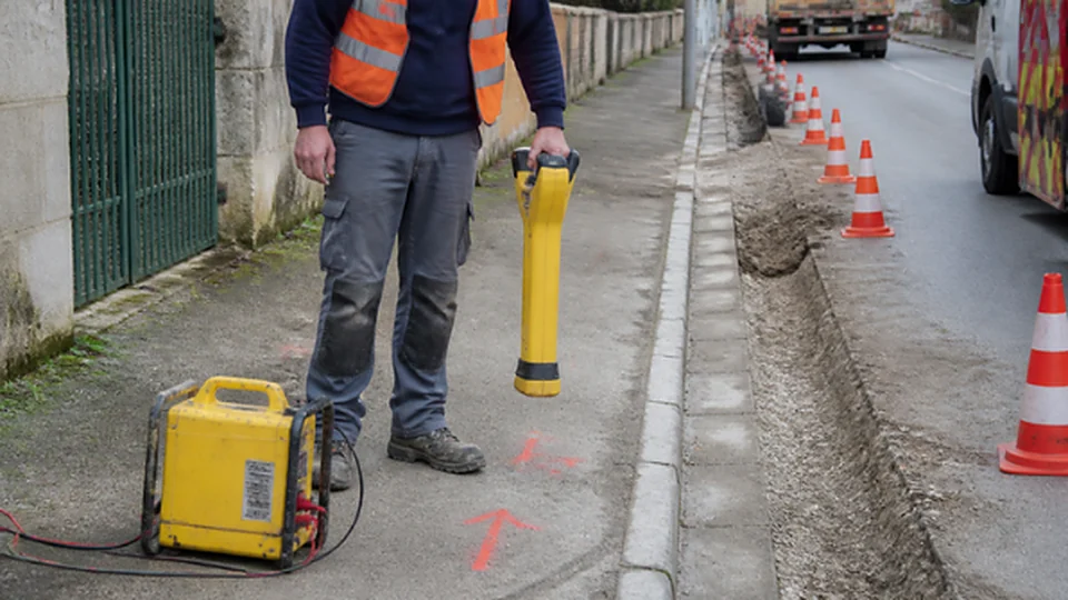 Technicien utilisant un détecteur électromagnétique et son générateur le long d'une tranchée