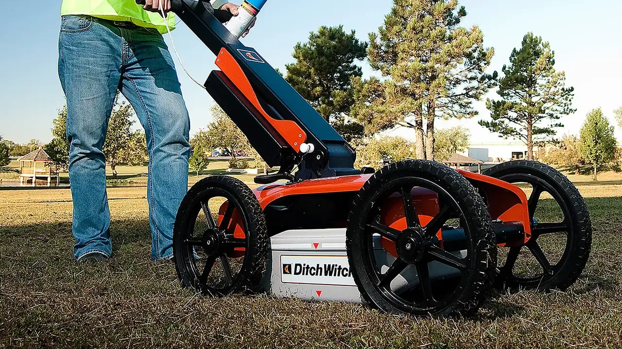 Opérateur poussant un géoradar à roues sur une pelouse
