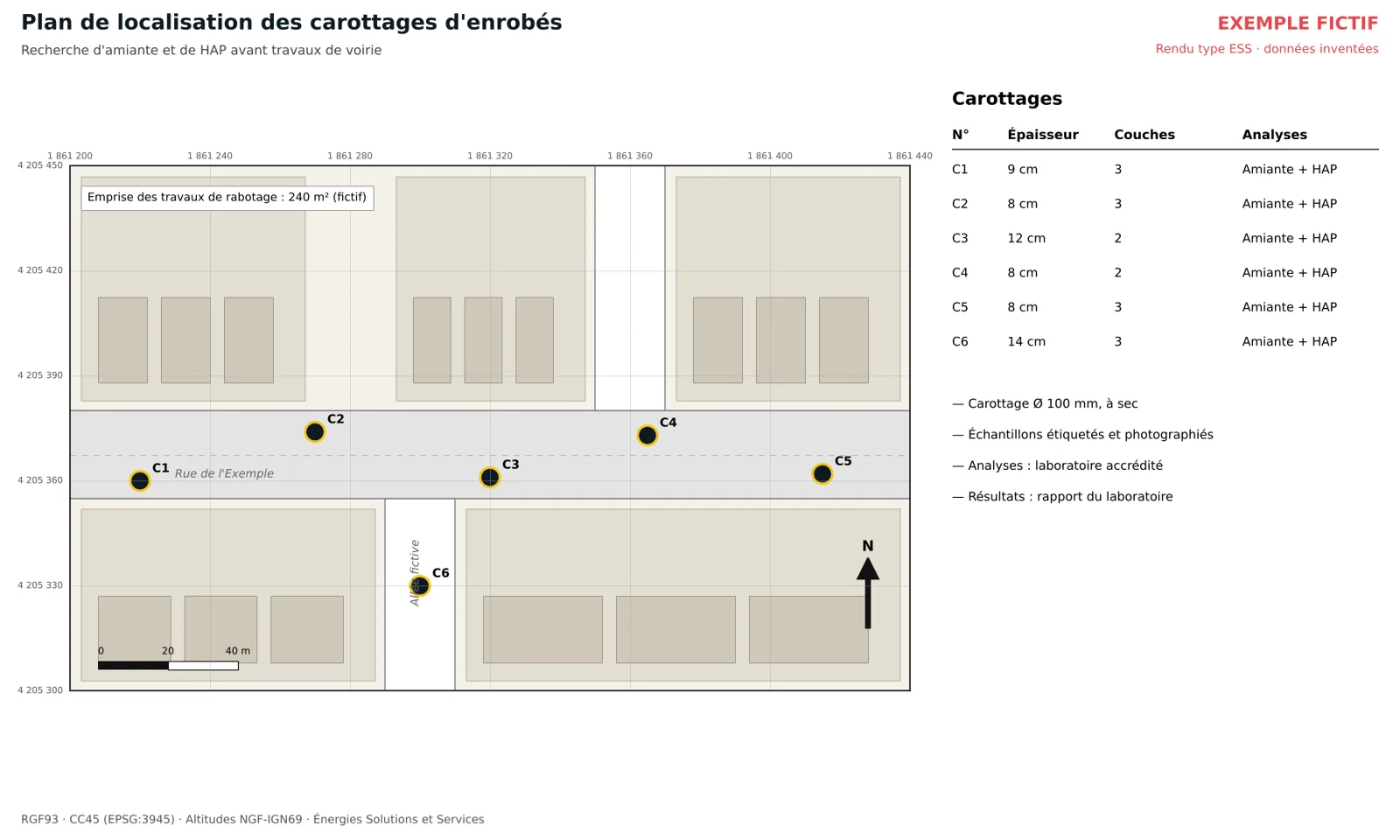 Exemple de plan de localisation de carottages d'enrobés pour analyses amiante et HAP
